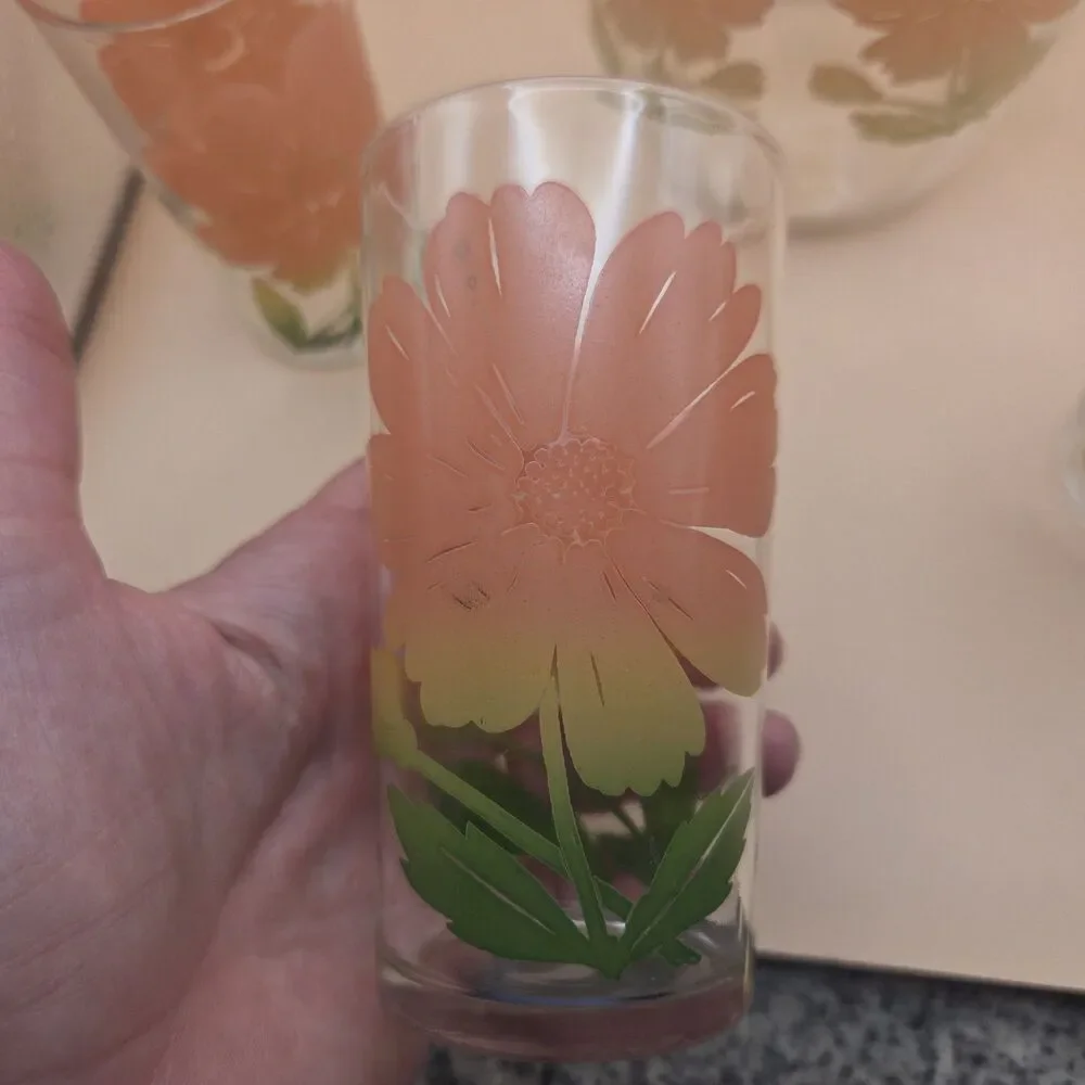 Clear Glass 1 Qt Pitcher & 3 Tumblers 4pc Set Orange Green Floral MCM Decor